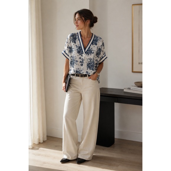 entro Tops - Entro Blue White Floral V-Neck Blouse Short Sleeve Dobby Top Medium Oversized
